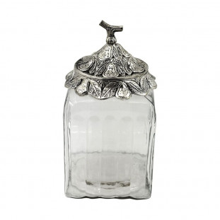 Pote de Vidro Alto com Tampa de Metal Decorada