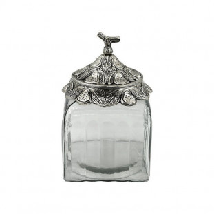 Pote de Vidro Baixo com Tampa de Metal Decorada